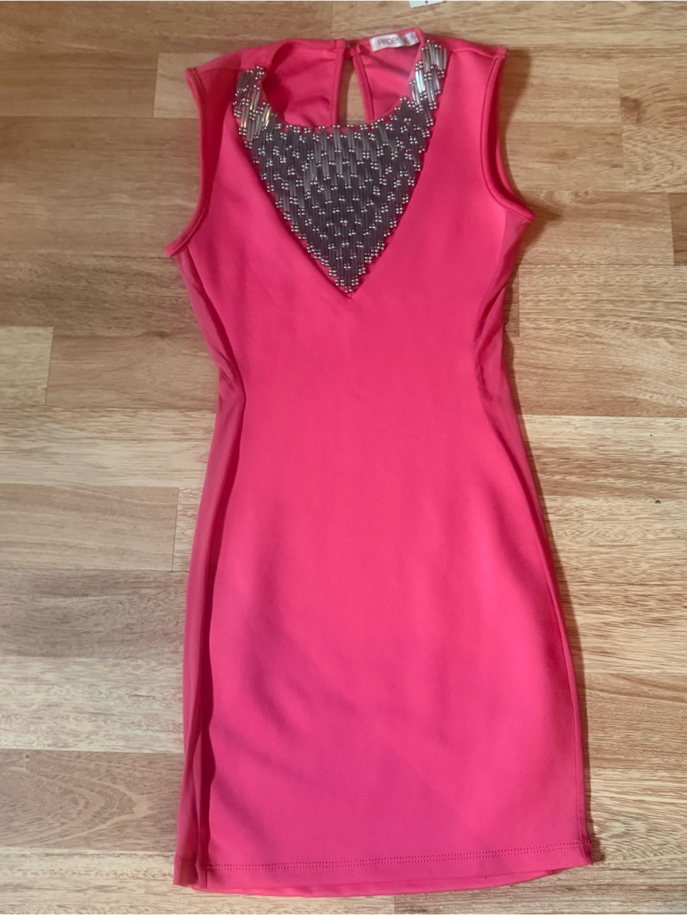Arden B Coral Pink Sleeveless Bodycon Dress with Beaded V-Neck